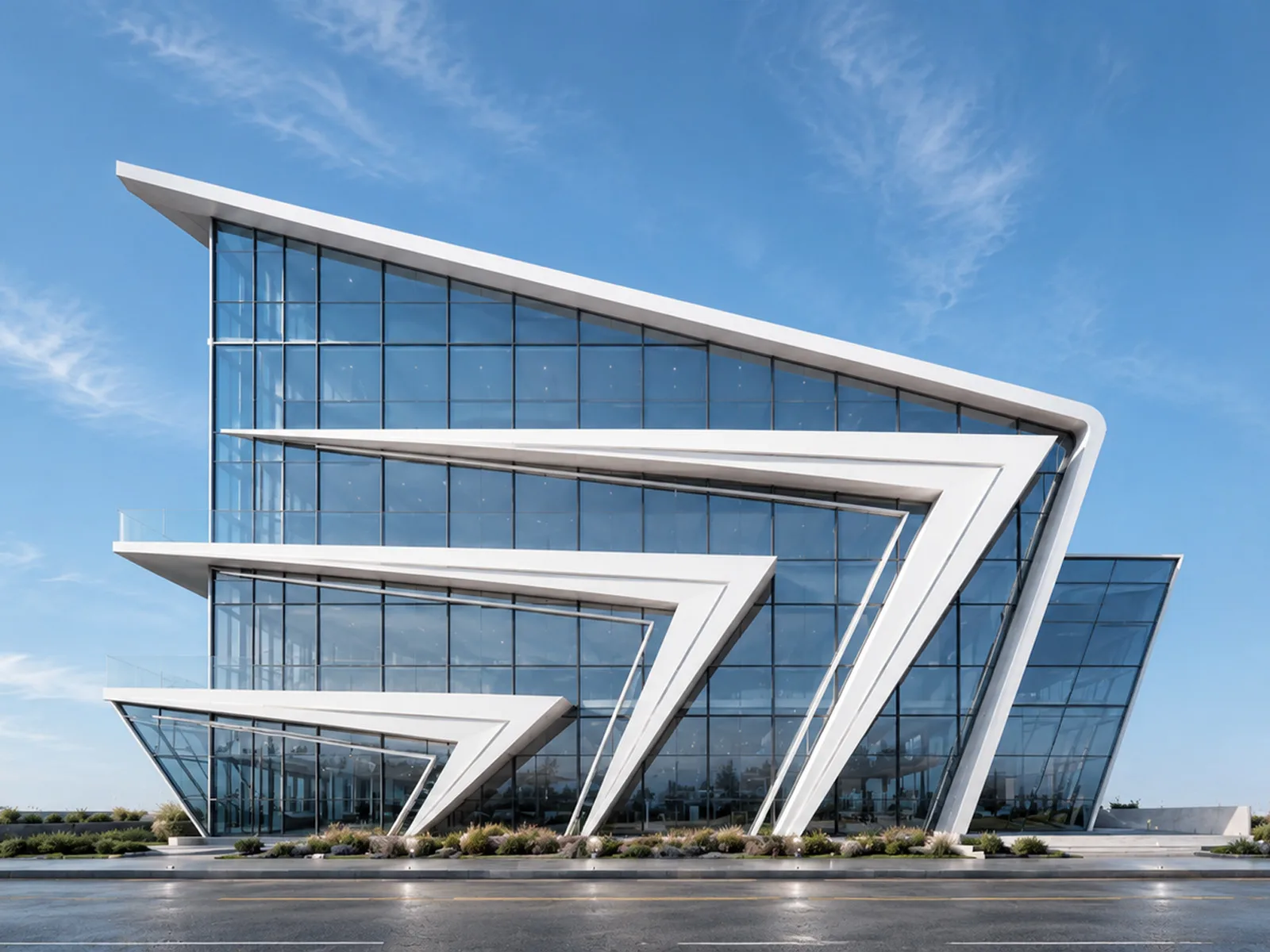 Pazar Port Administration Building — angular white fins layered across a fully glazed facade
