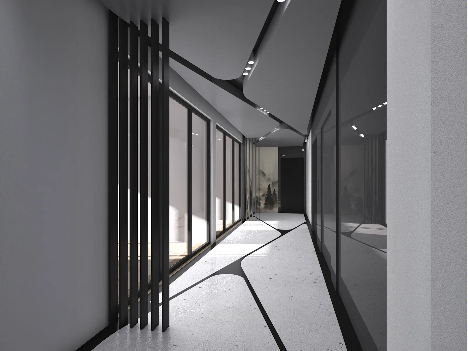 Residential complex interior — a top-lit corridor lined with slender vertical fins