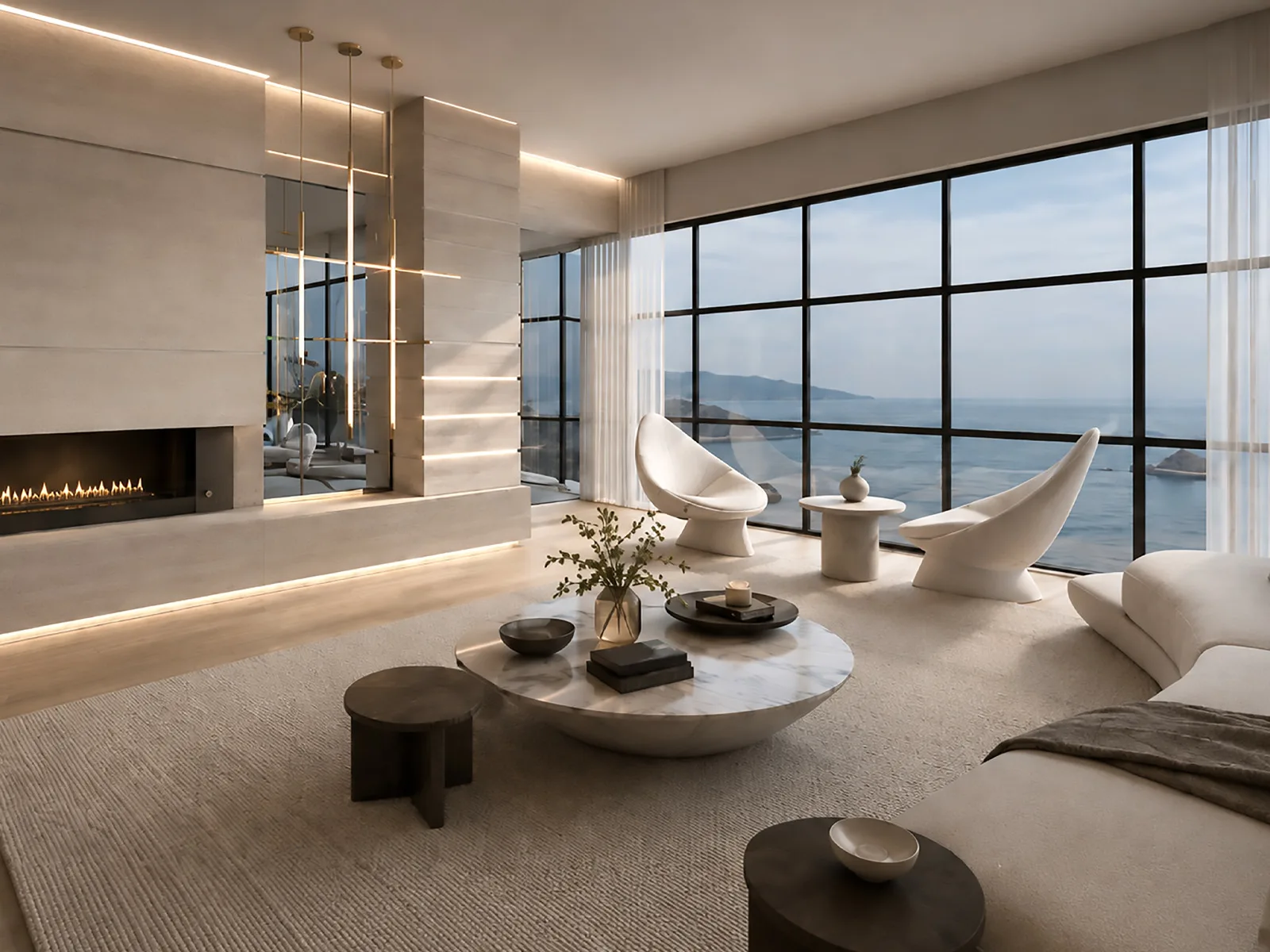 Twin residential building interior — a stone-clad living room with a linear fire and sea view